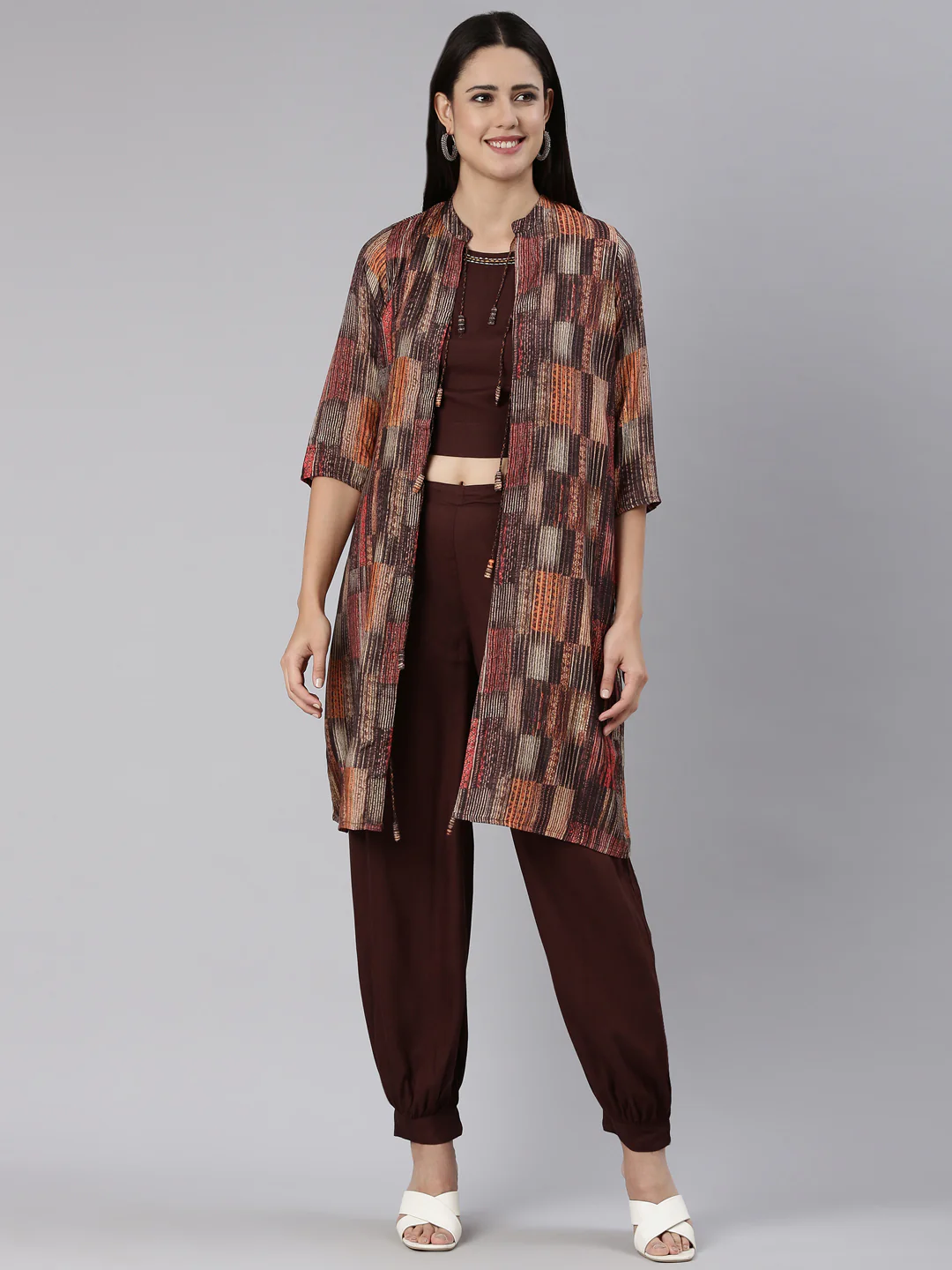 Neerus Brown Regular Straight Solid Co-Ords Set