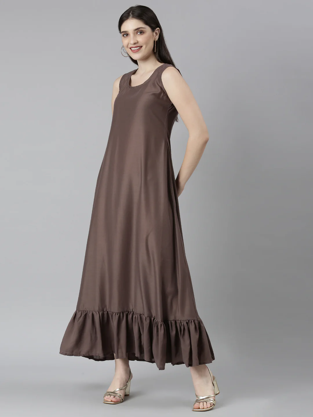 Neerus Brown Straight Casual Floral Dresses - Image 3