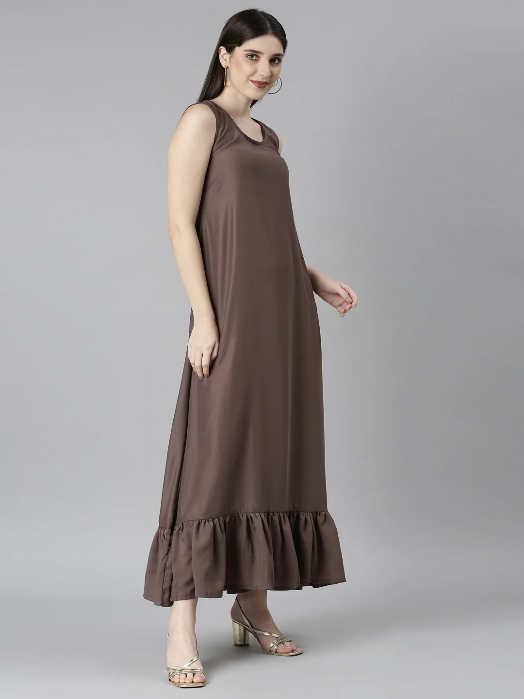 Neerus Brown Straight Casual Floral Dresses - Image 4