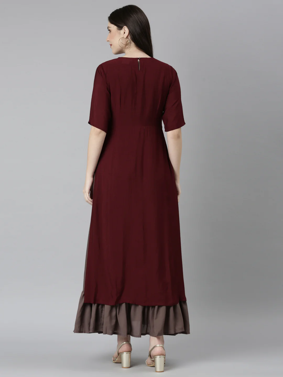 Neerus Brown Straight Casual Floral Dresses - Image 5