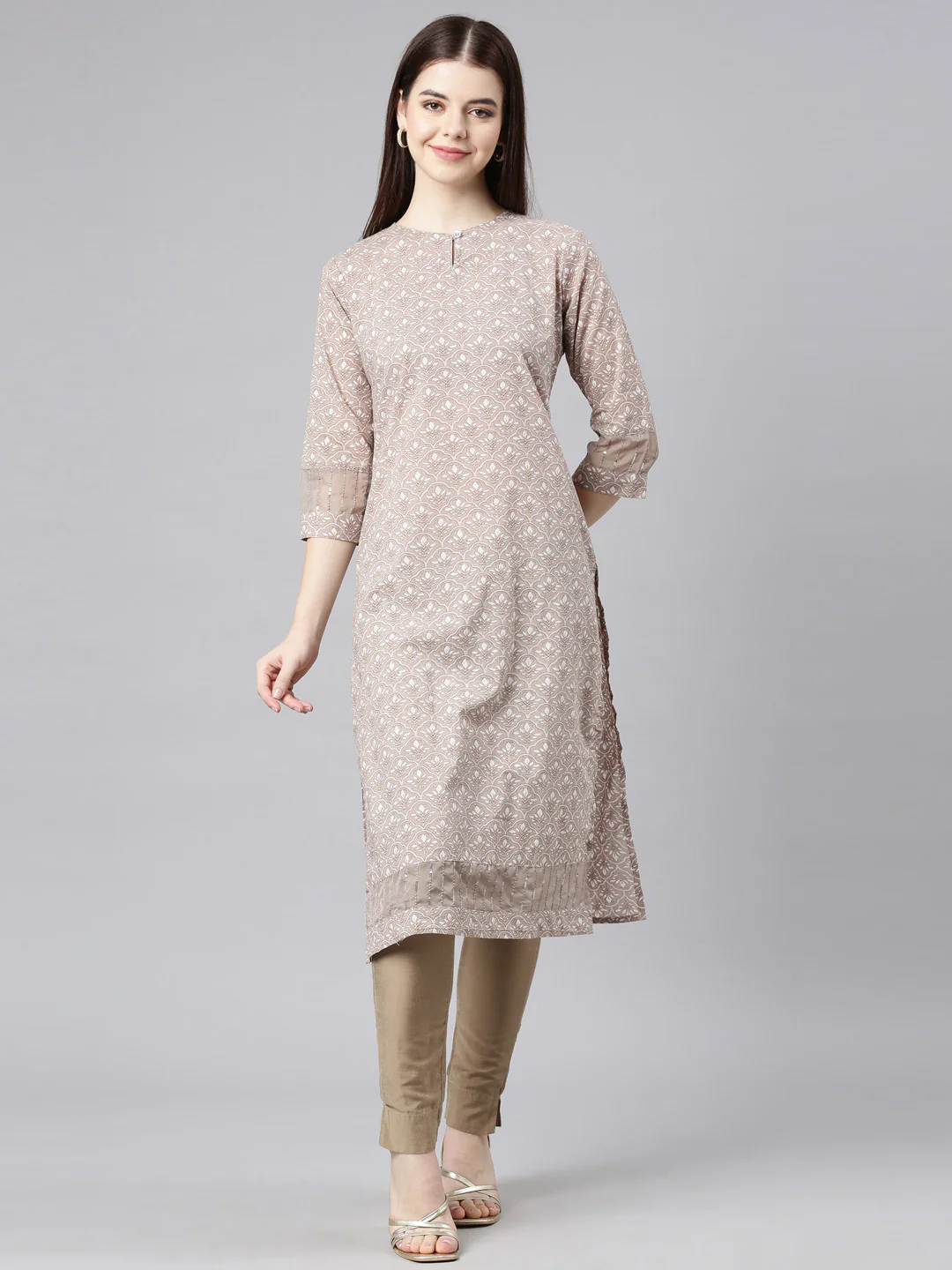 Neerus Brown Straight Casual Floral Straight Kurta