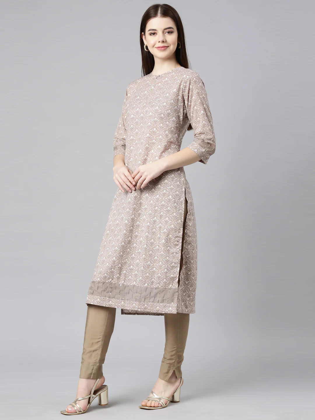 Neerus Brown Straight Casual Floral Straight Kurta - Image 2