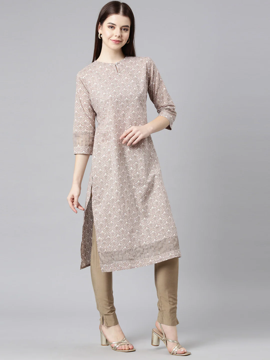 Neerus Brown Straight Casual Floral Straight Kurta - Image 3