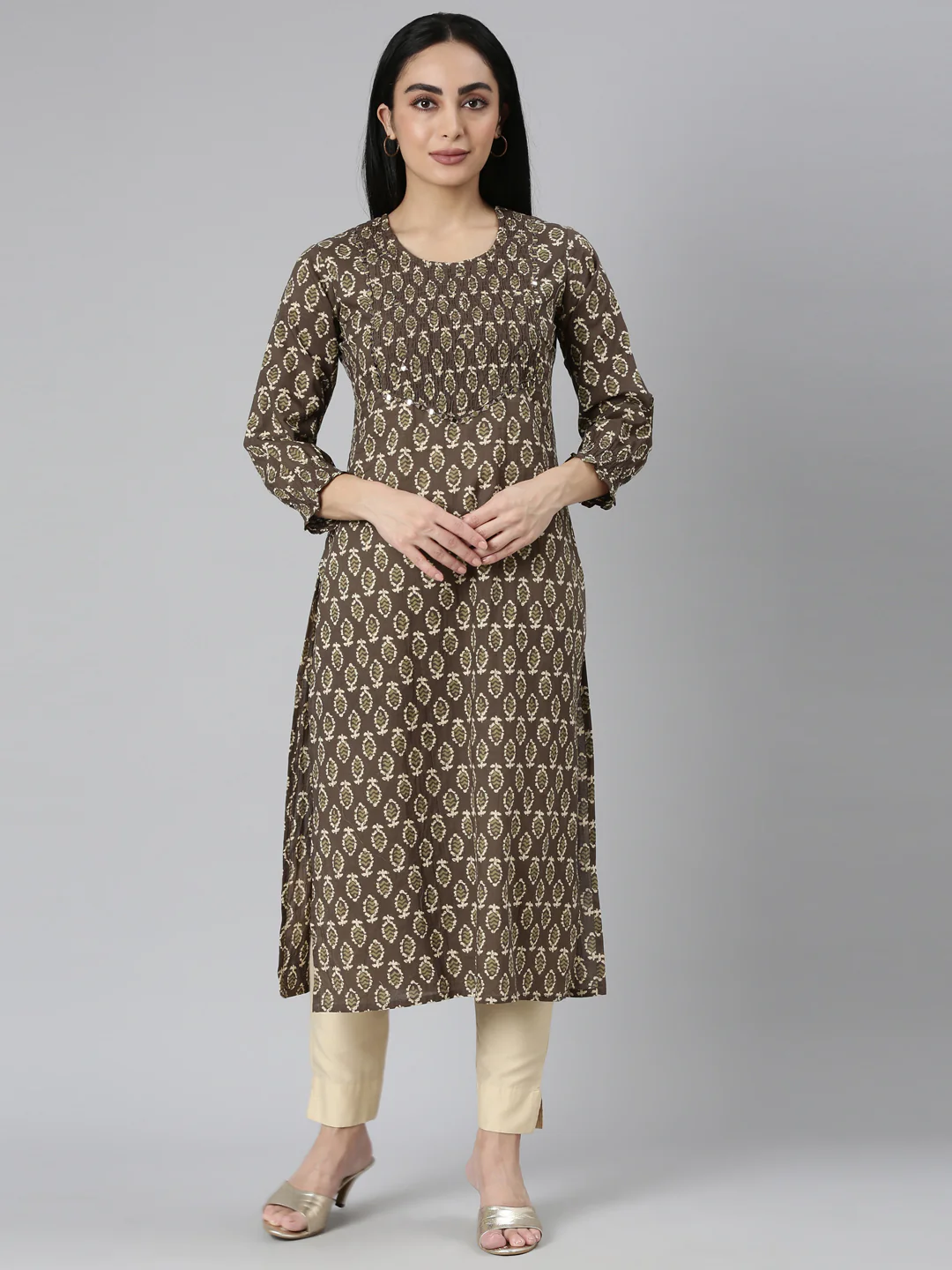 Neerus Brown Straight Casual Floral Straight Kurta