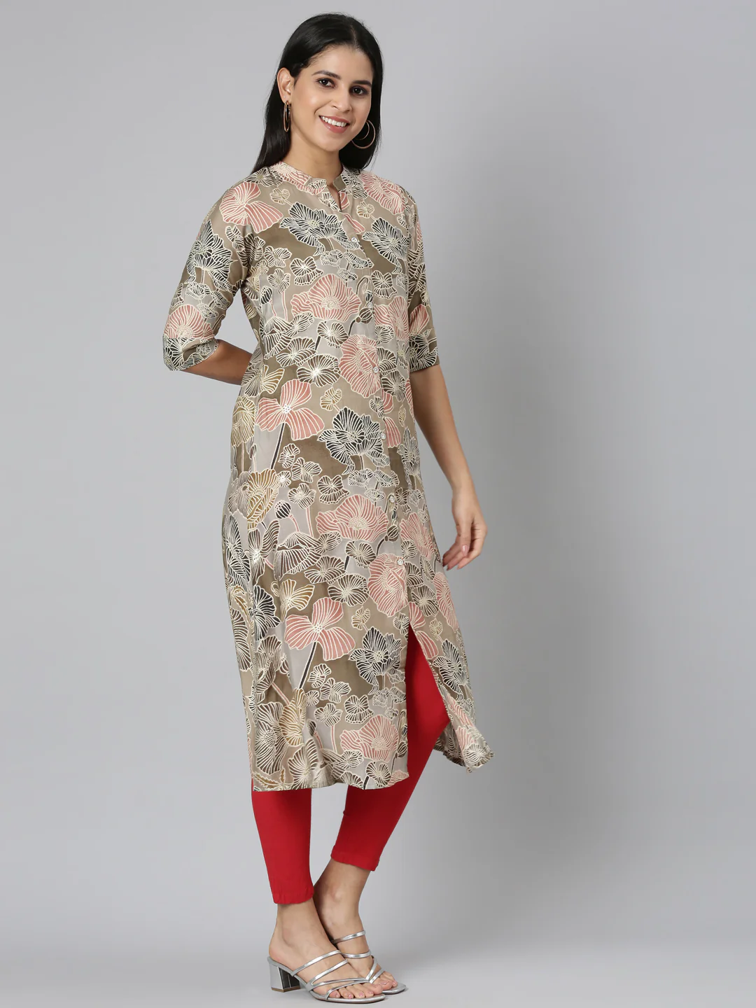 Neerus Brown Straight Casual Floral Straight Kurta - Image 3