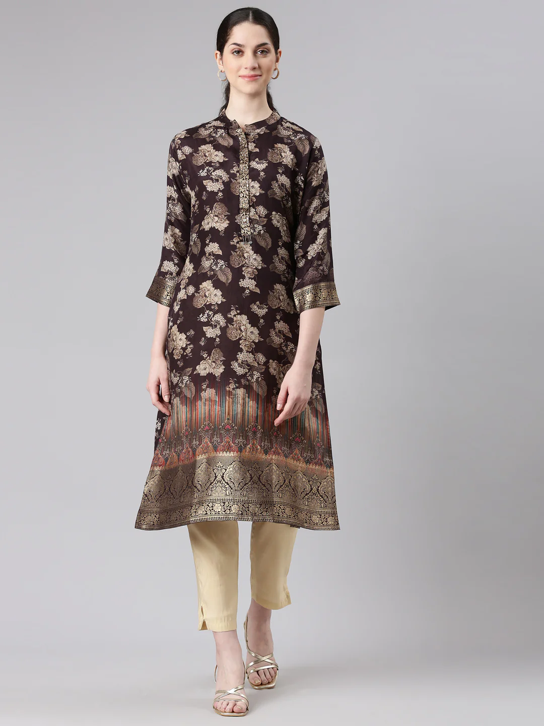 Neerus Brown Straight Casual Floral Panelled Kurta