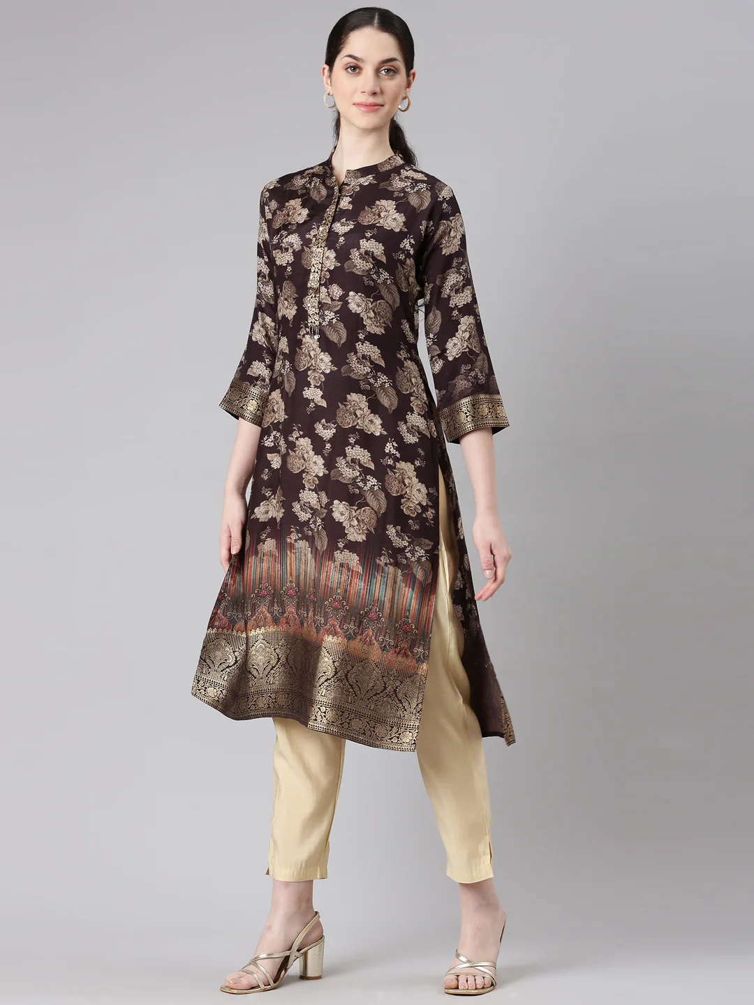 Neerus Brown Straight Casual Floral Panelled Kurta - Image 2