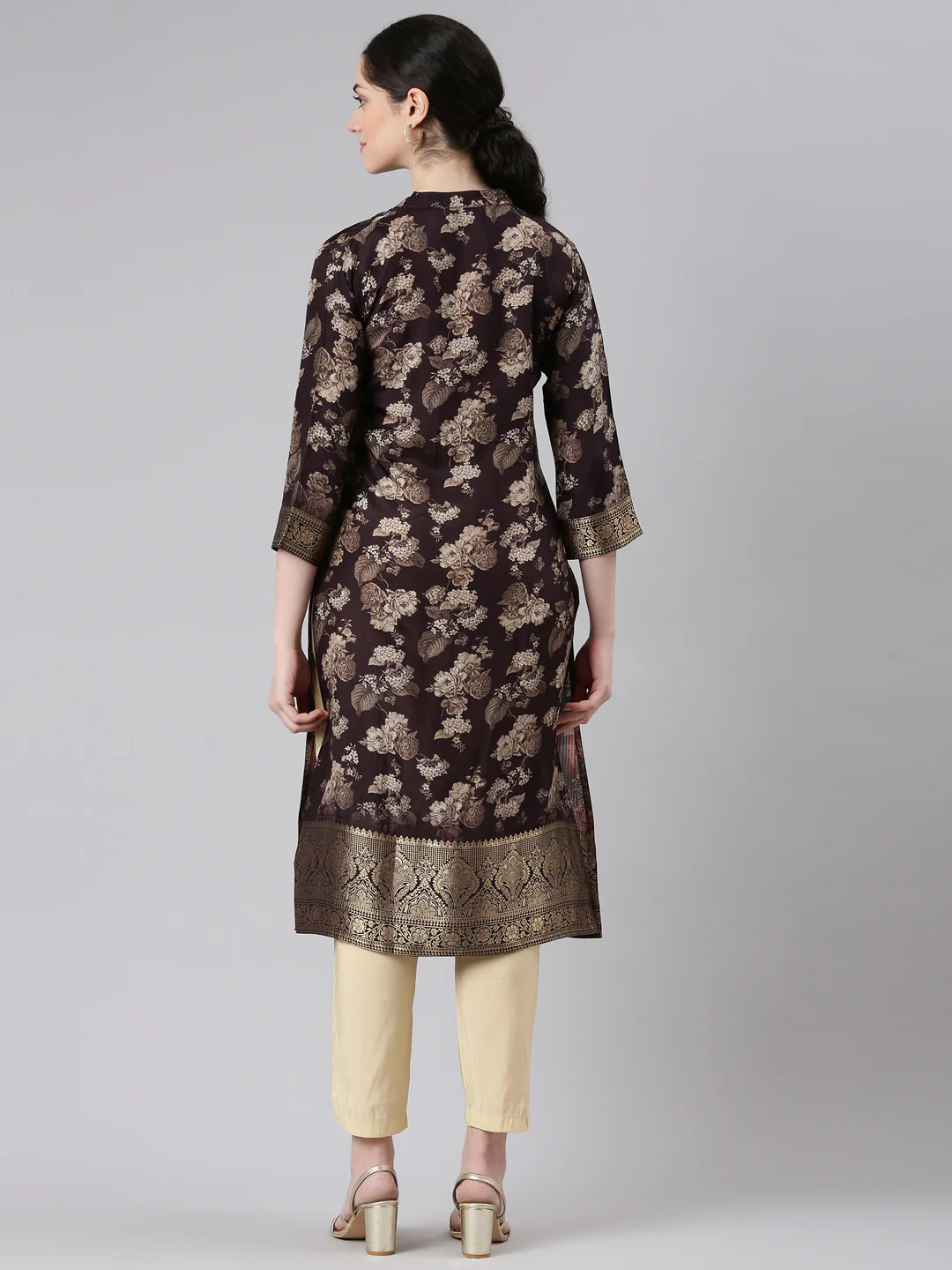 Neerus Brown Straight Casual Floral Panelled Kurta - Image 3