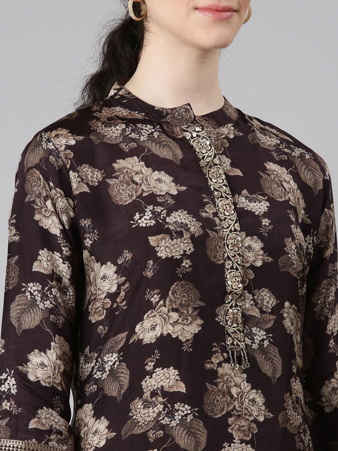 Neerus Brown Straight Casual Floral Panelled Kurta - Image 4