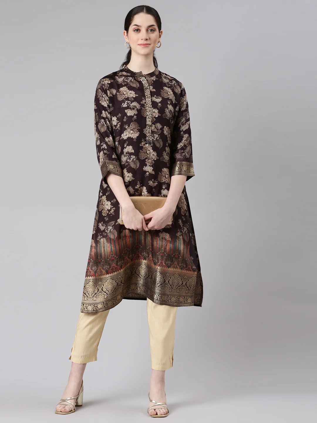 Neerus Brown Straight Casual Floral Panelled Kurta - Image 5