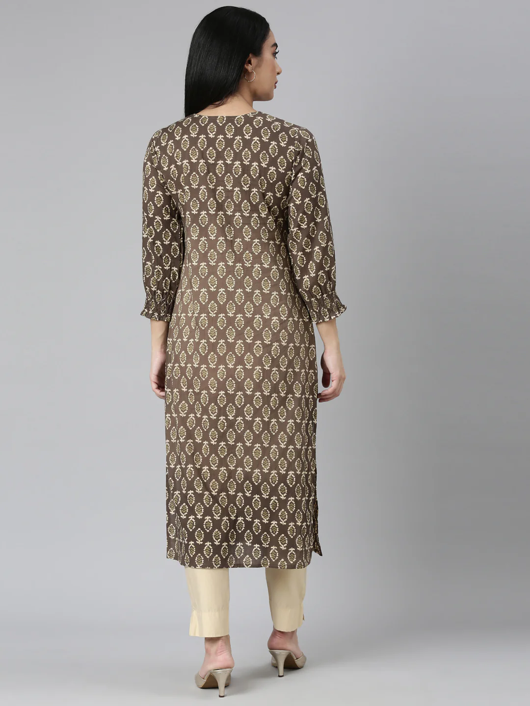 Neerus Brown Straight Casual Floral Straight Kurta - Image 4