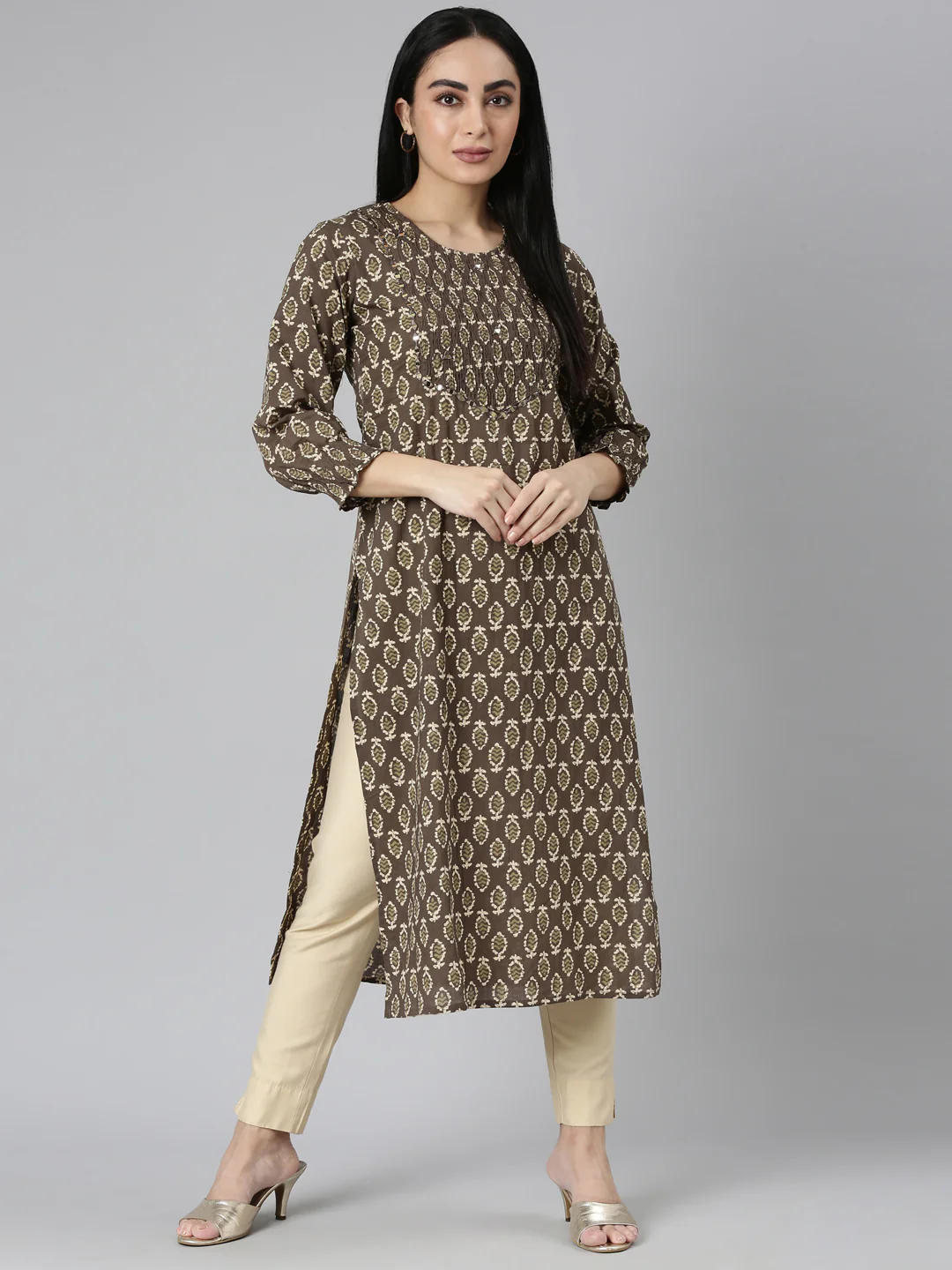 Neerus Brown Straight Casual Floral Straight Kurta - Image 8