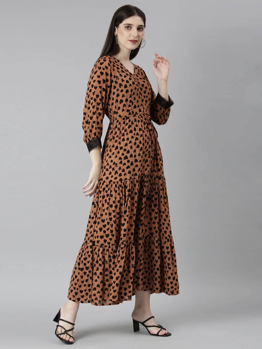 Neerus Brown Straight Casual Polka Dots Dresses - Image 3