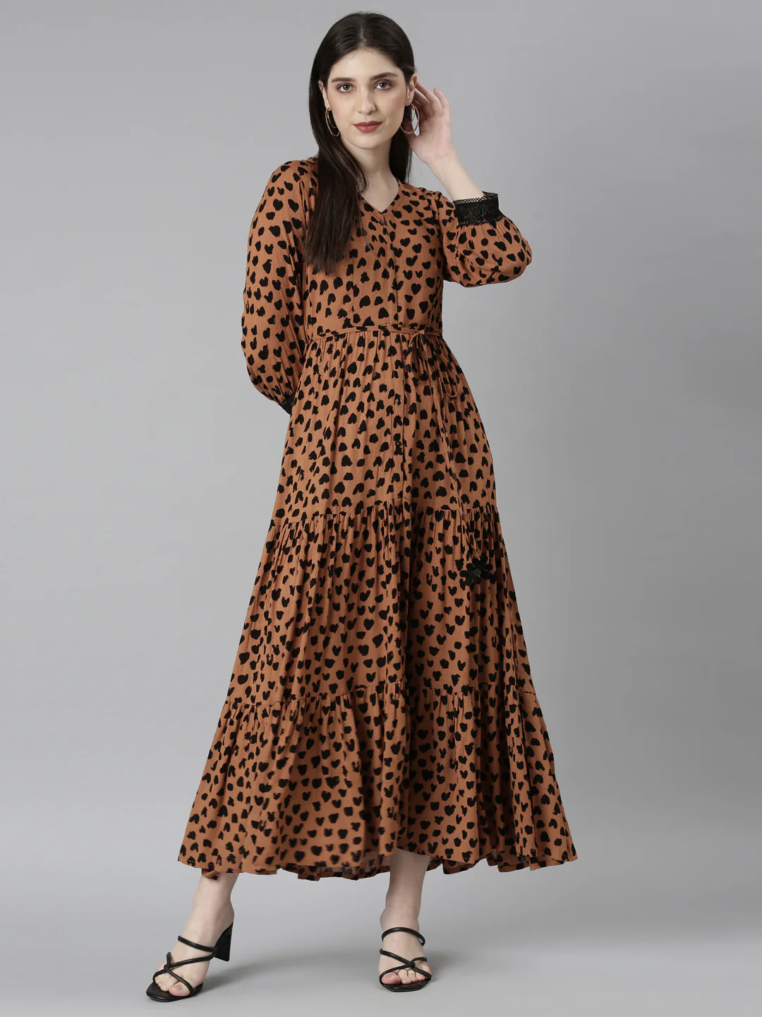 Neerus Brown Straight Casual Polka Dots Dresses - Image 5