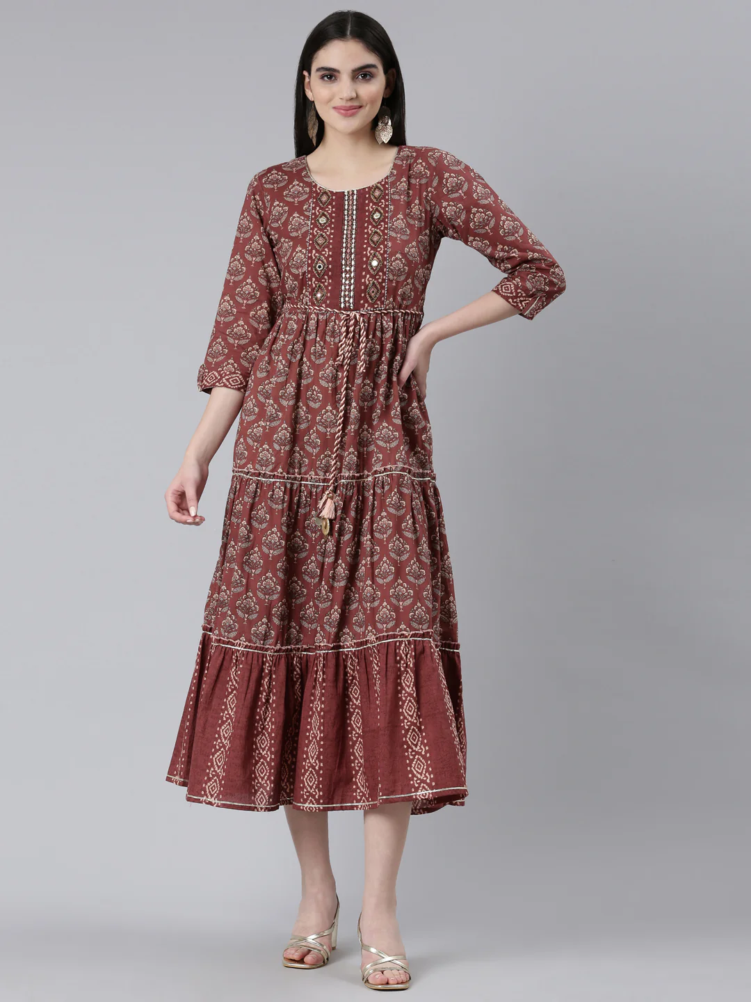 Neerus Brown Straight Casual Printed Gown