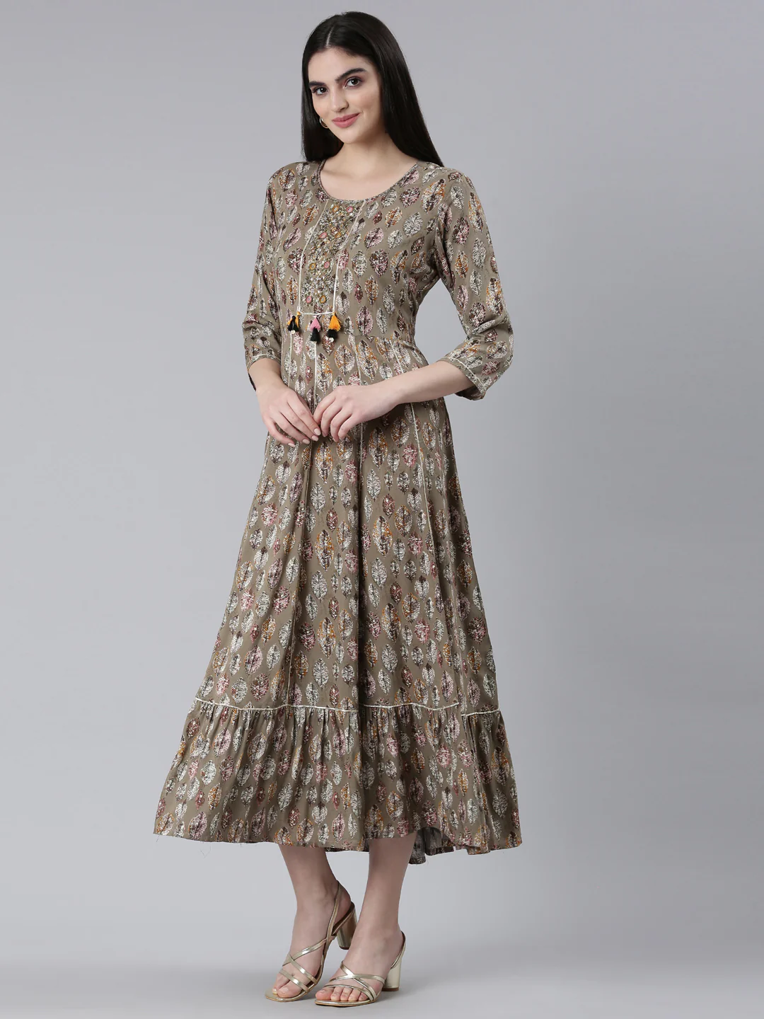 Neerus Brown Straight Casual Printed Dress - Image 2
