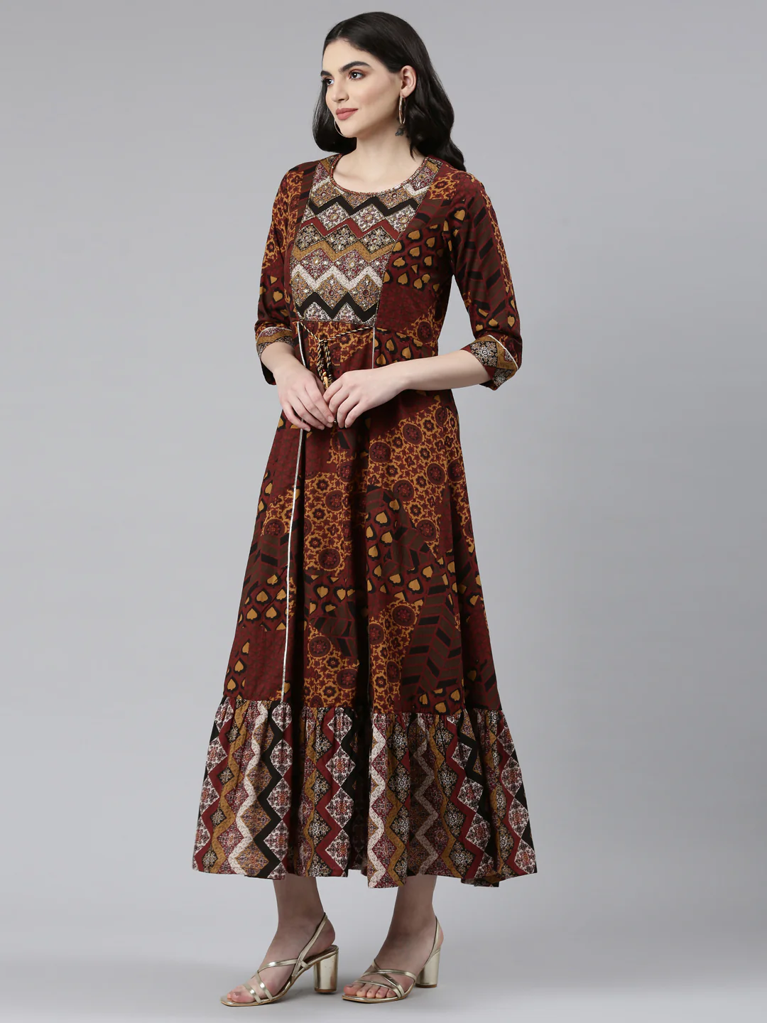 Neerus Brown Straight Casual Printed Dress - Image 2
