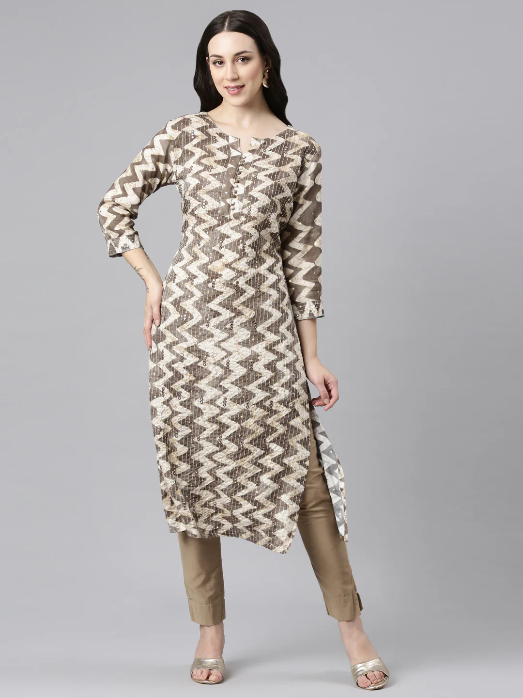 Neerus Brown Straight Casual Striped Kurta