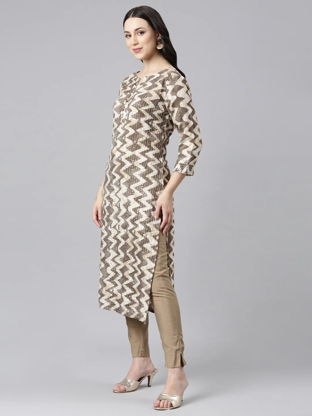 Neerus Brown Straight Casual Striped Kurta - Image 2