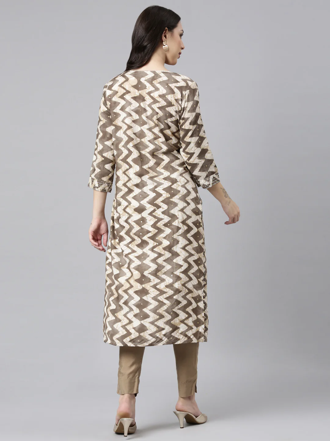 Neerus Brown Straight Casual Striped Kurta - Image 3