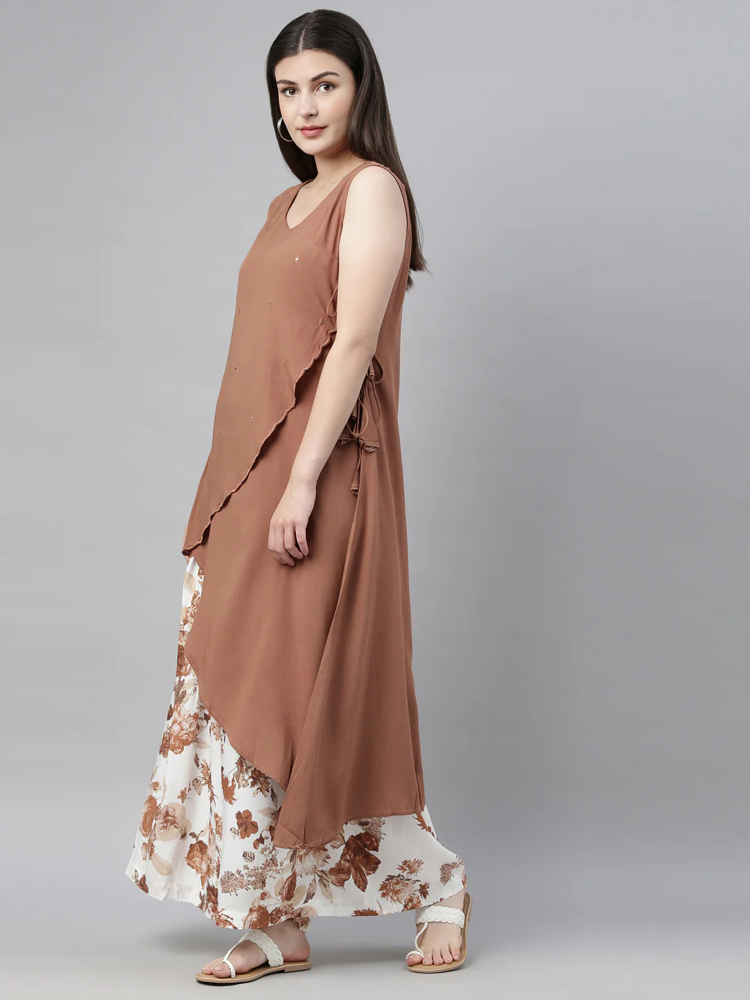 Neerus Brown & White Embellished Kurta & Palazzo Set - Image 5