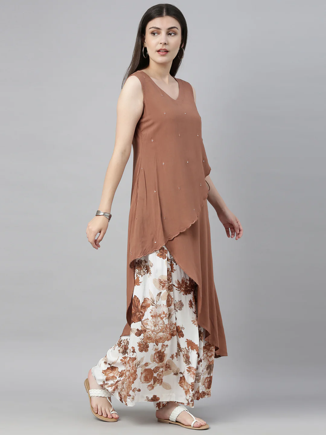 Neerus Brown & White Embellished Kurta & Palazzo Set - Image 6