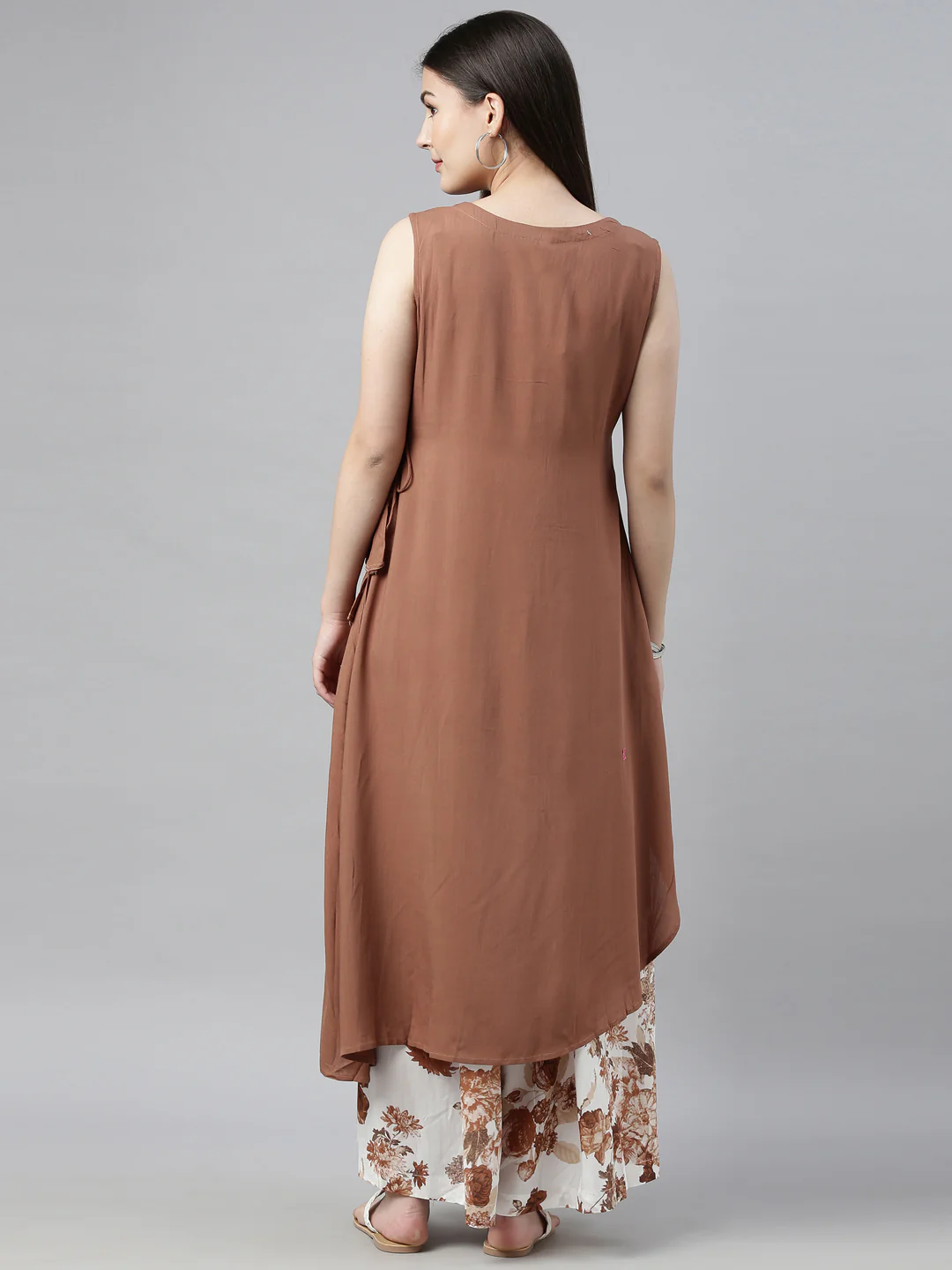 Neerus Brown & White Embellished Kurta & Palazzo Set - Image 7