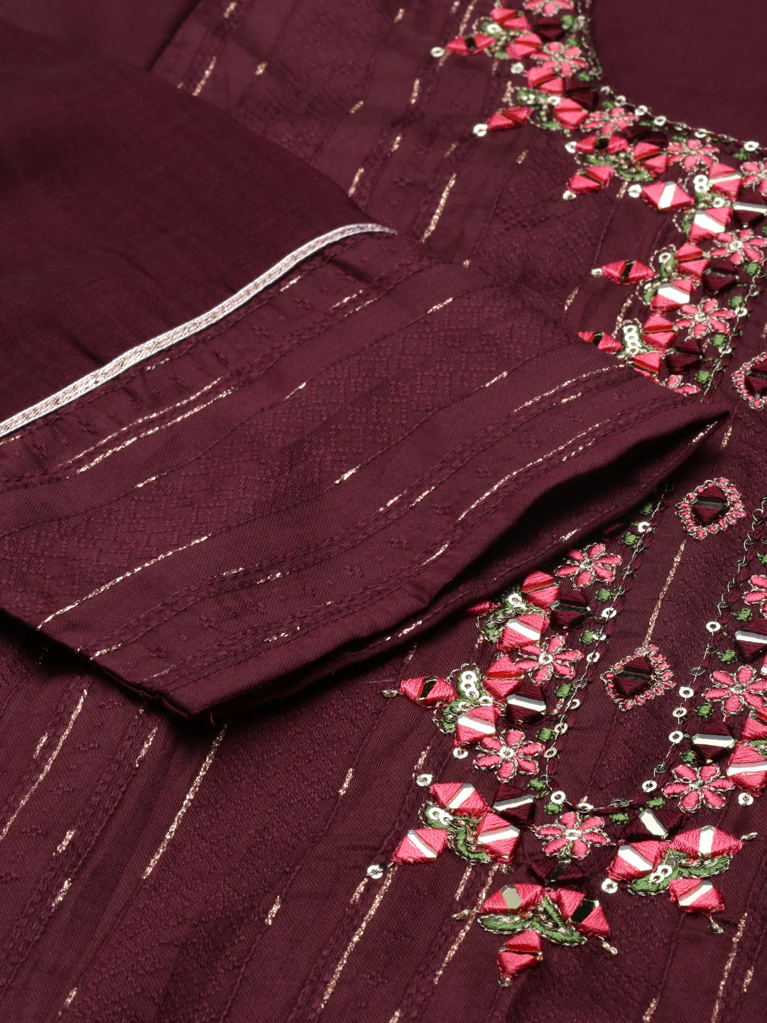 Neerus Burgundy Anarkali Straight Cotton Silk Kurta - Image 5