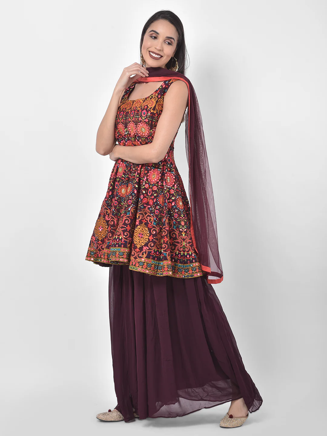 Neerus Burgundy Embroidered Kurta With Skirt & Dupatta - Image 3