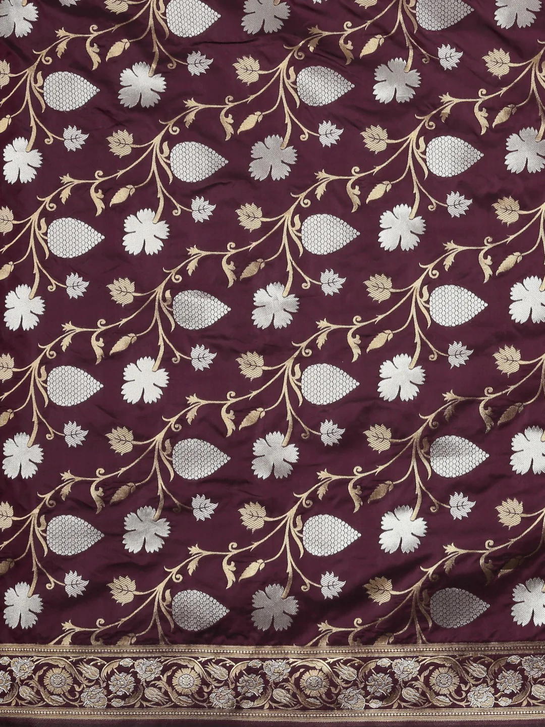 Neerus Burgundy Silver-Toned Silk Floral Woven Design Saree - Image 2