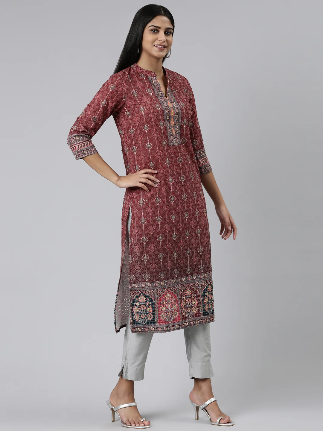 Neerus Burgundy Straight Printed Chiffon Kurta - Image 2