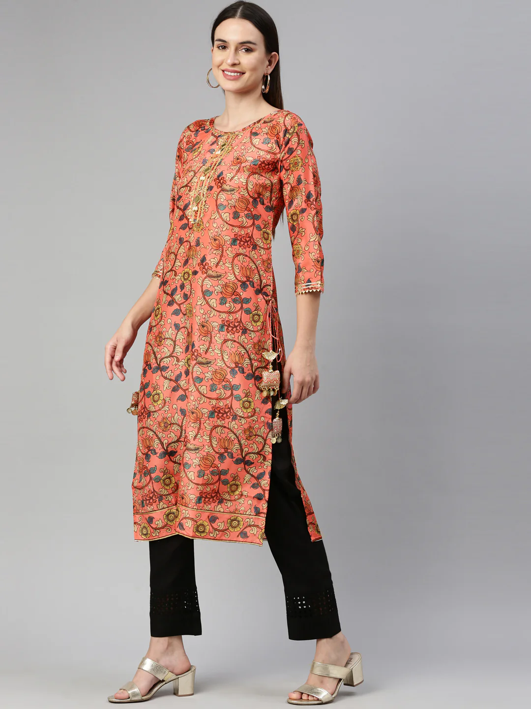 Neerus Carrot Color Dupion Silk Fabric Kurta - Image 3