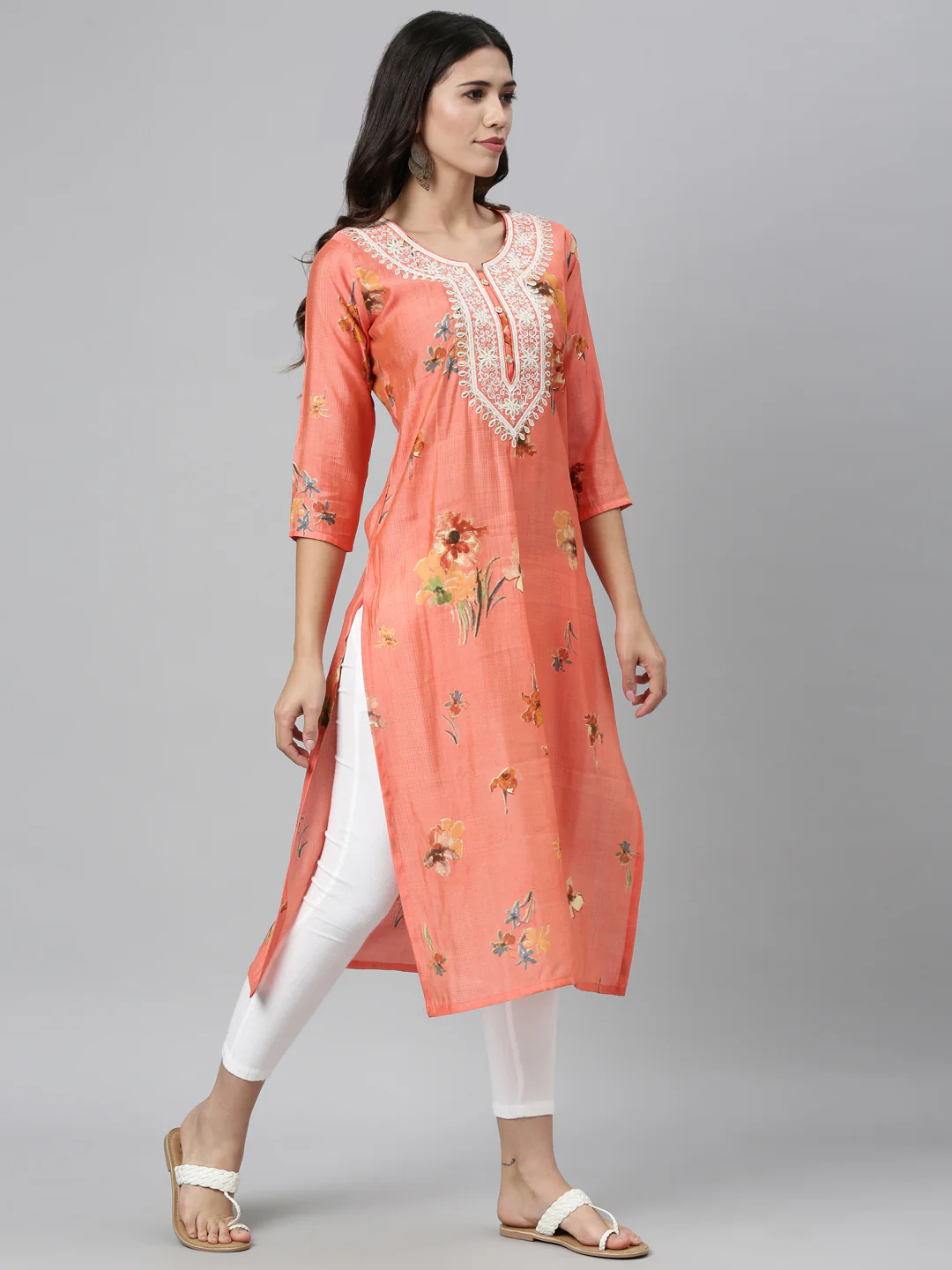 Neerus Carrot Color Silk Fabric Kurta
