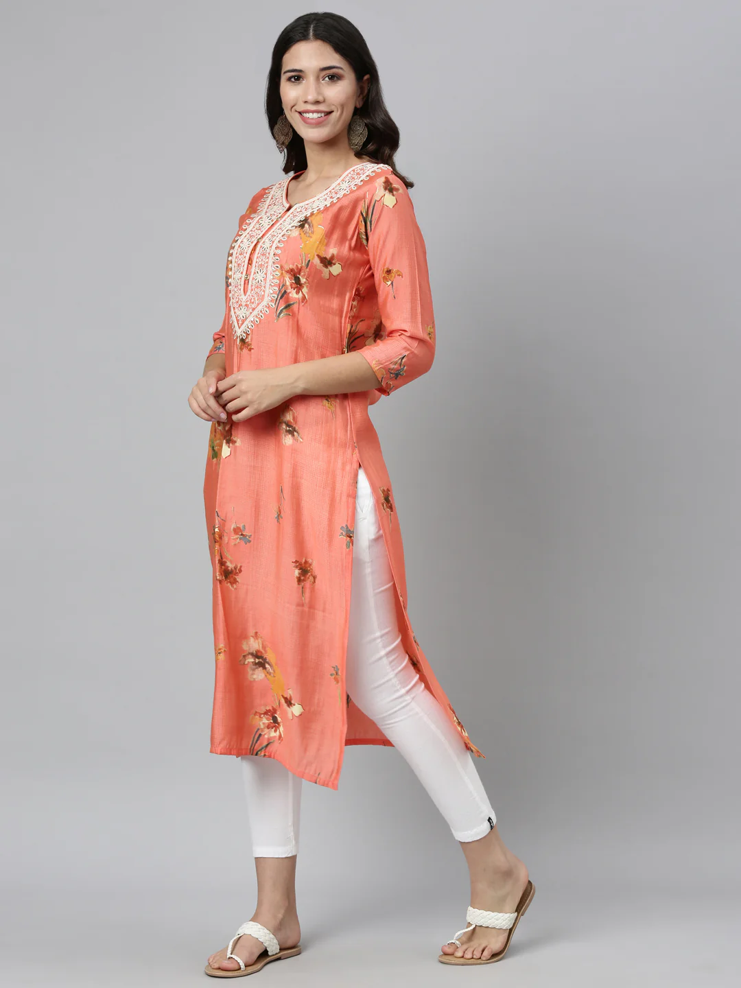 Neerus Carrot Color Silk Fabric Kurta - Image 5