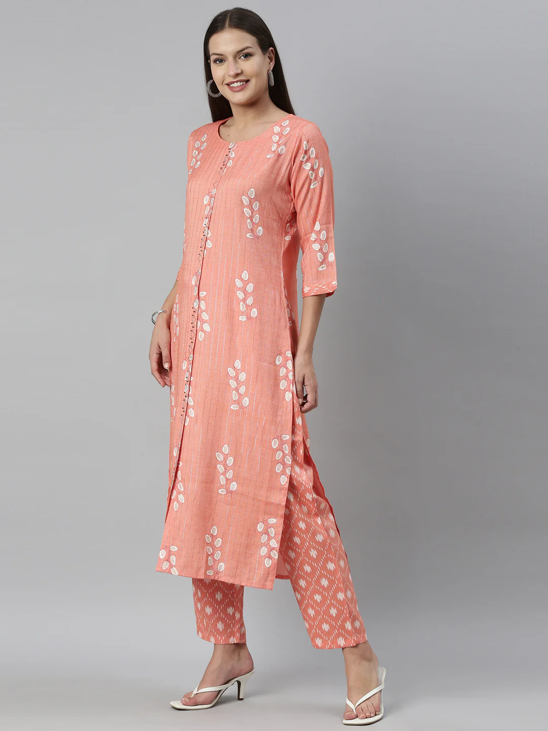 Neerus Carrot Color Slub Rayon Fabric Kurta Set - Image 3