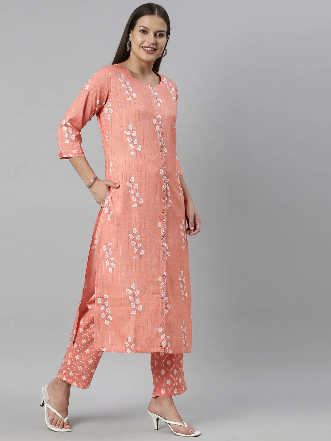 Neerus Carrot Color Slub Rayon Fabric Kurta Set - Image 4