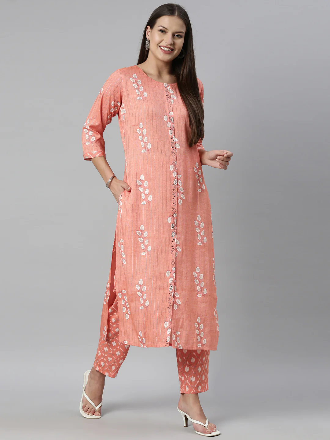 Neerus Carrot Color Slub Rayon Fabric Kurta Set - Image 6