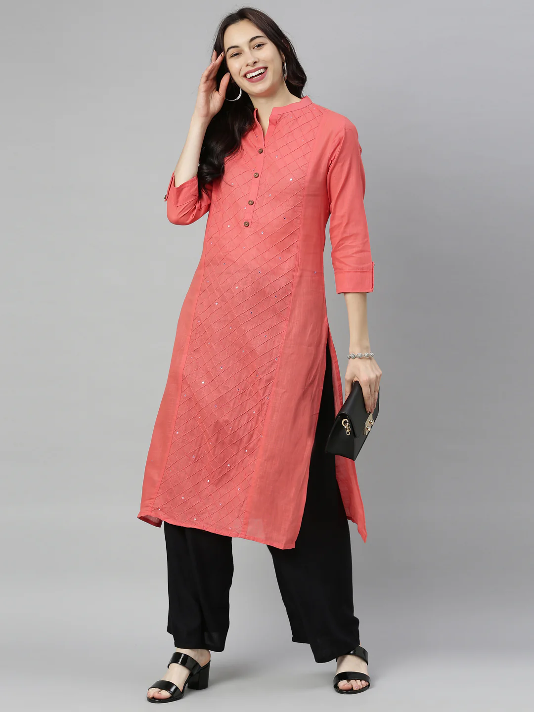 Neerus Carrot Colour Slub Cotton Fabric Tunic "44" - Image 8