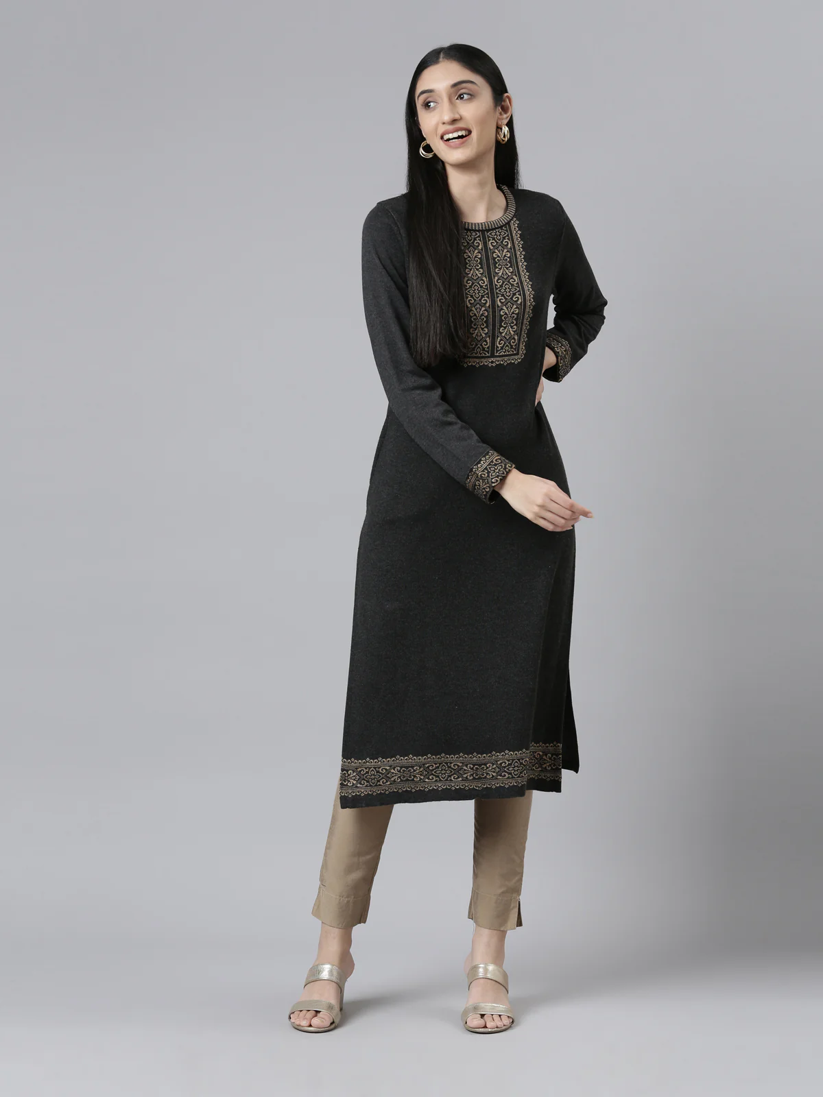 Neerus Winter Wear Charcoal Yoke Design Straight Fit Regular Acrylic Kurta For Women - Image 5