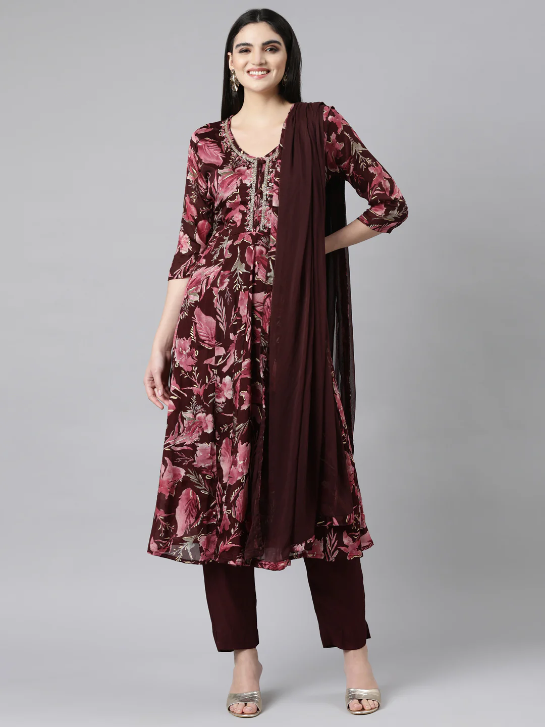 Neerus Coffee Brown Regular Straight Floral Kurta And Trousers With Dupatta