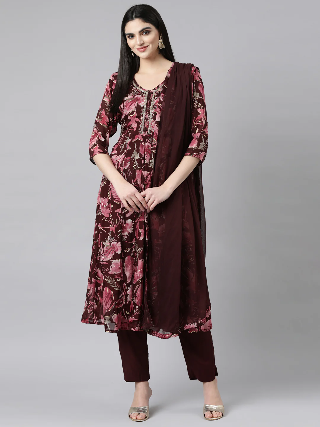 Neerus Coffee Brown Regular Straight Floral Kurta And Trousers With Dupatta - Image 5