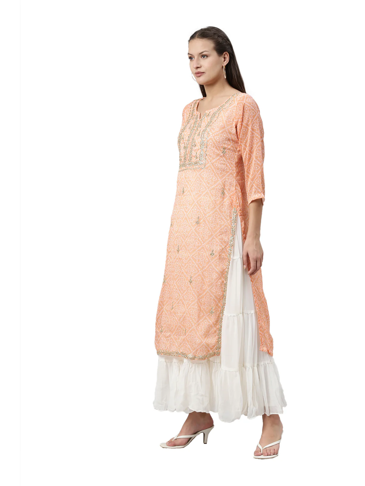 Neerus Coral Color Chanderi Fabric Kurta - Image 3