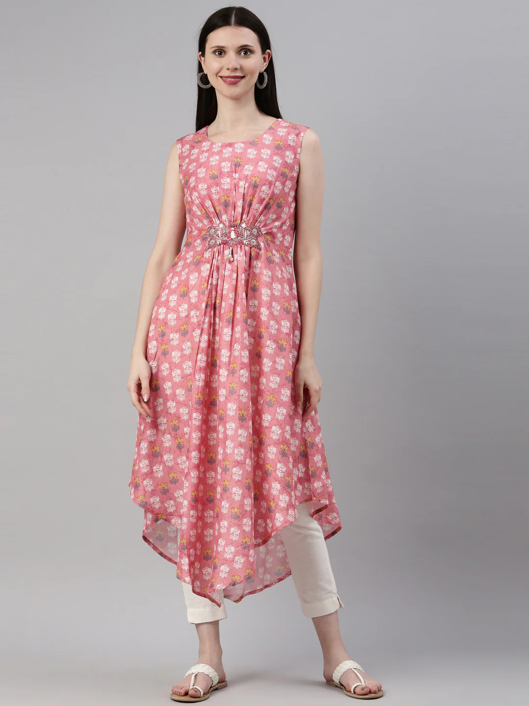 Neerus Coral Color Model Fabric Kurta