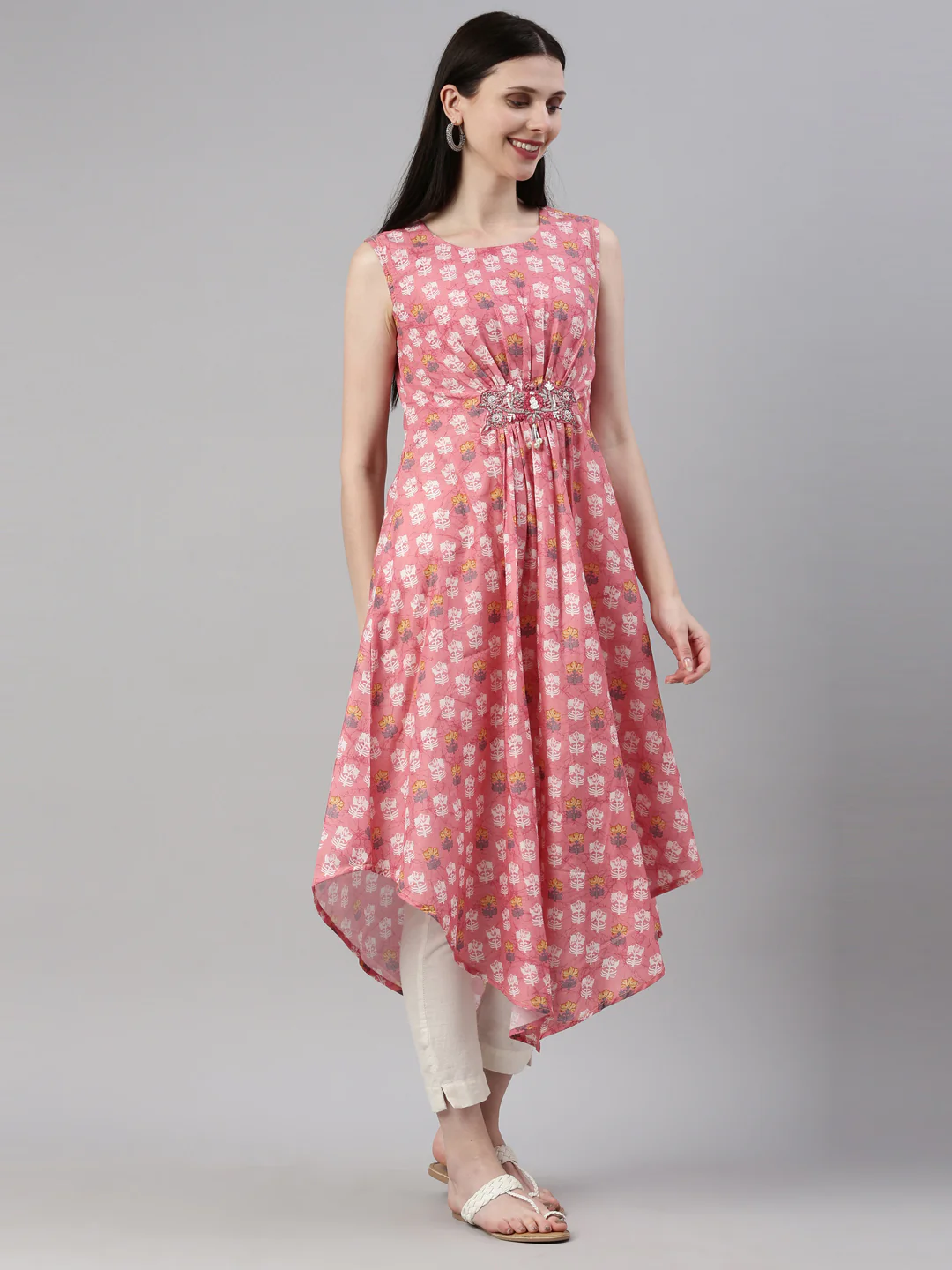 Neerus Coral Color Model Fabric Kurta - Image 4