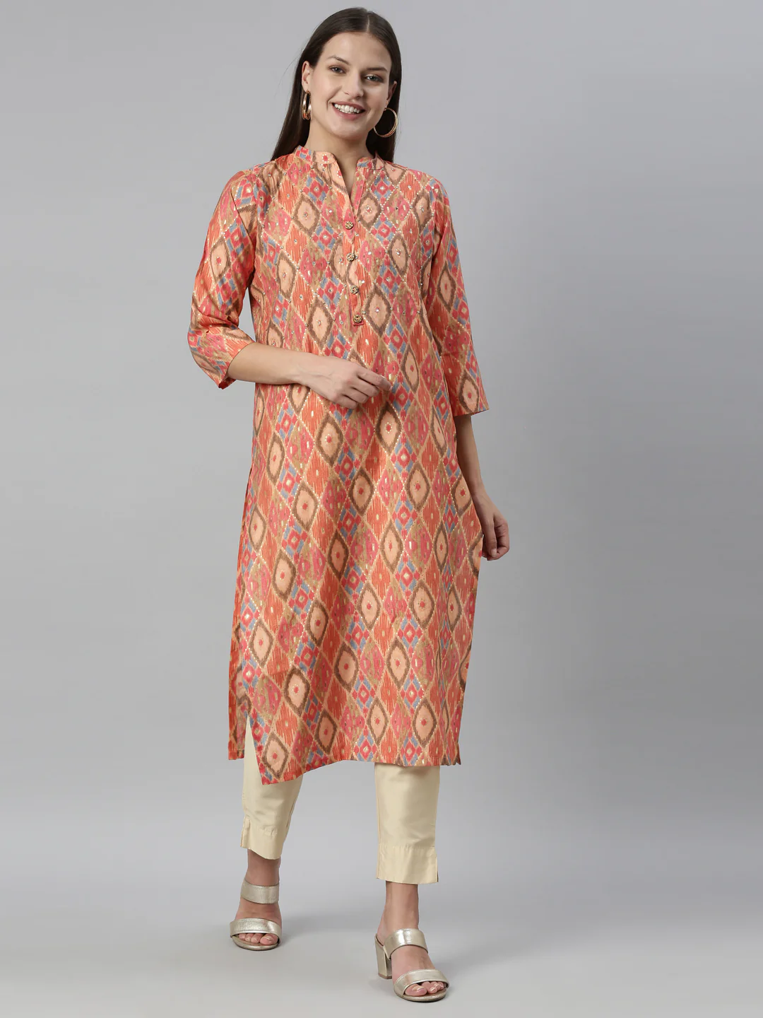 Neerus Coral Color Model Fabric Kurta