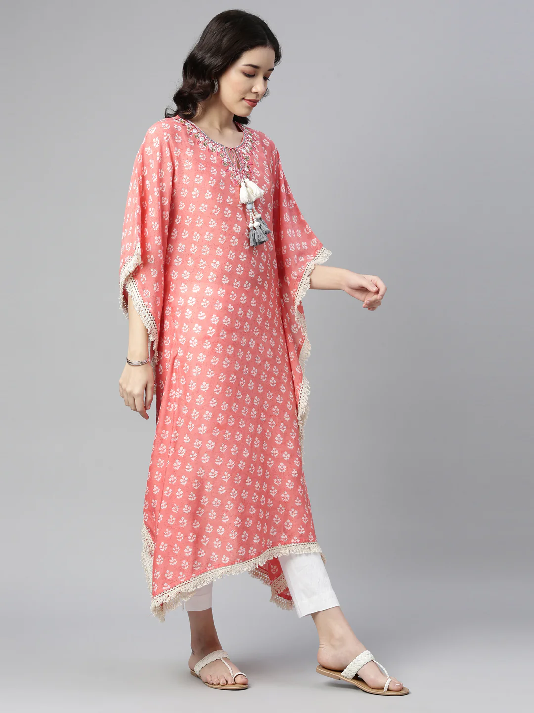 Neerus Coral Color Muslin Fabric Kurta