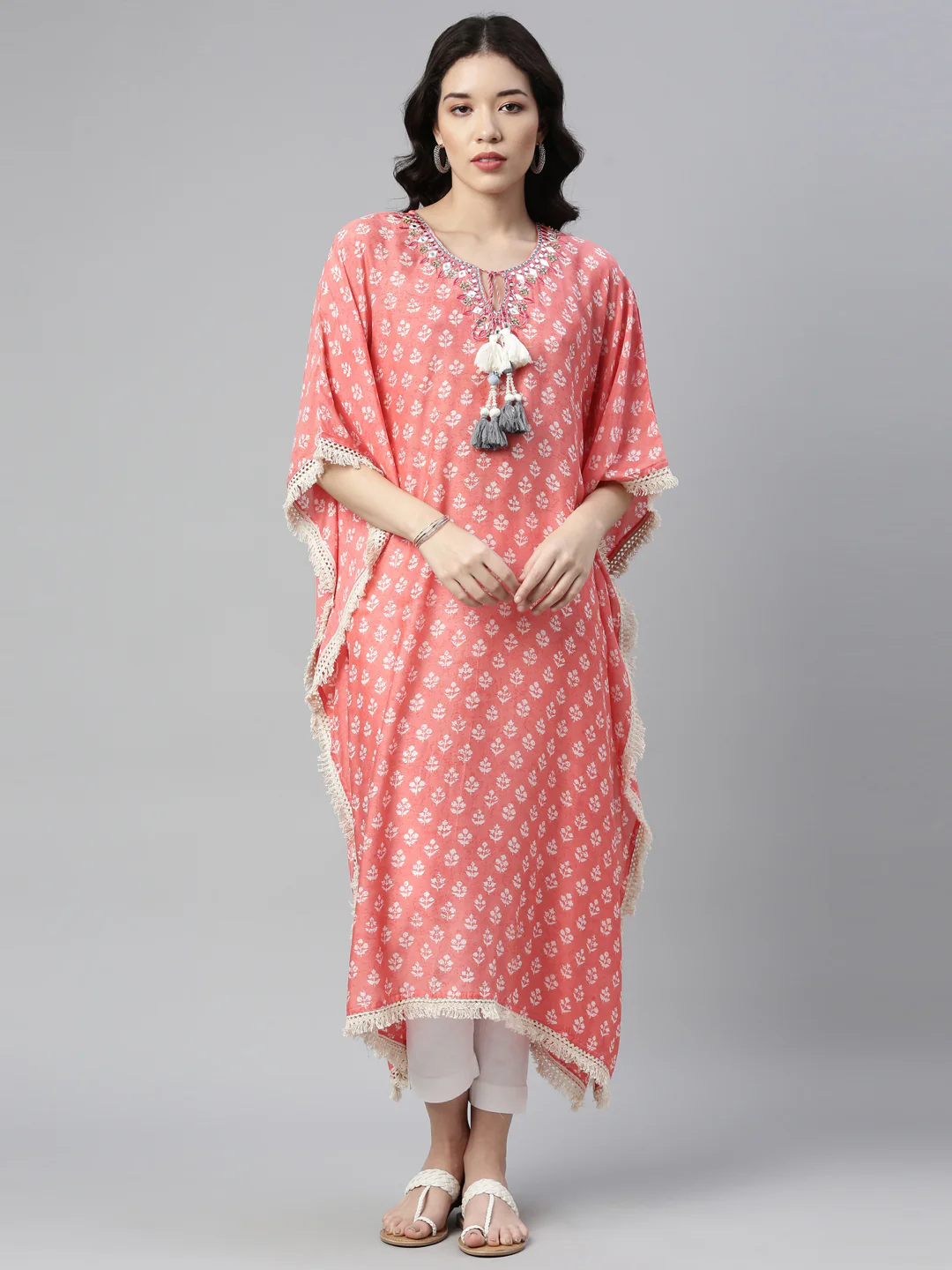 Neerus Coral Color Muslin Fabric Kurta - Image 6
