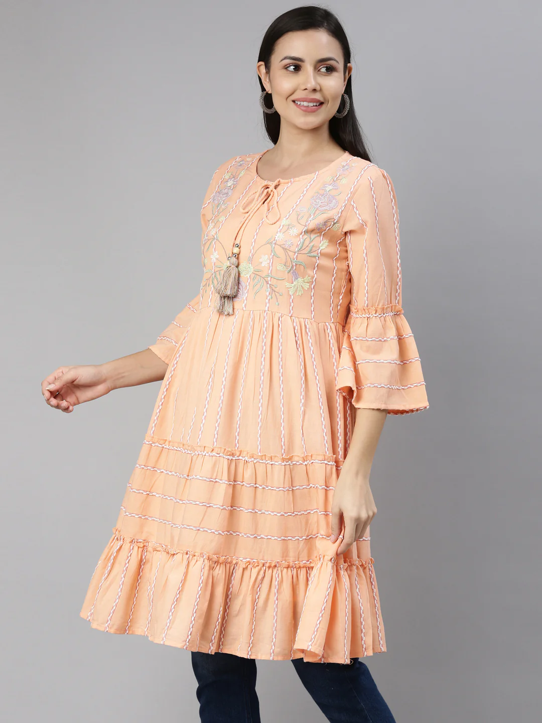 Neerus Coral Color Rayon Fabric Kurta - Image 3