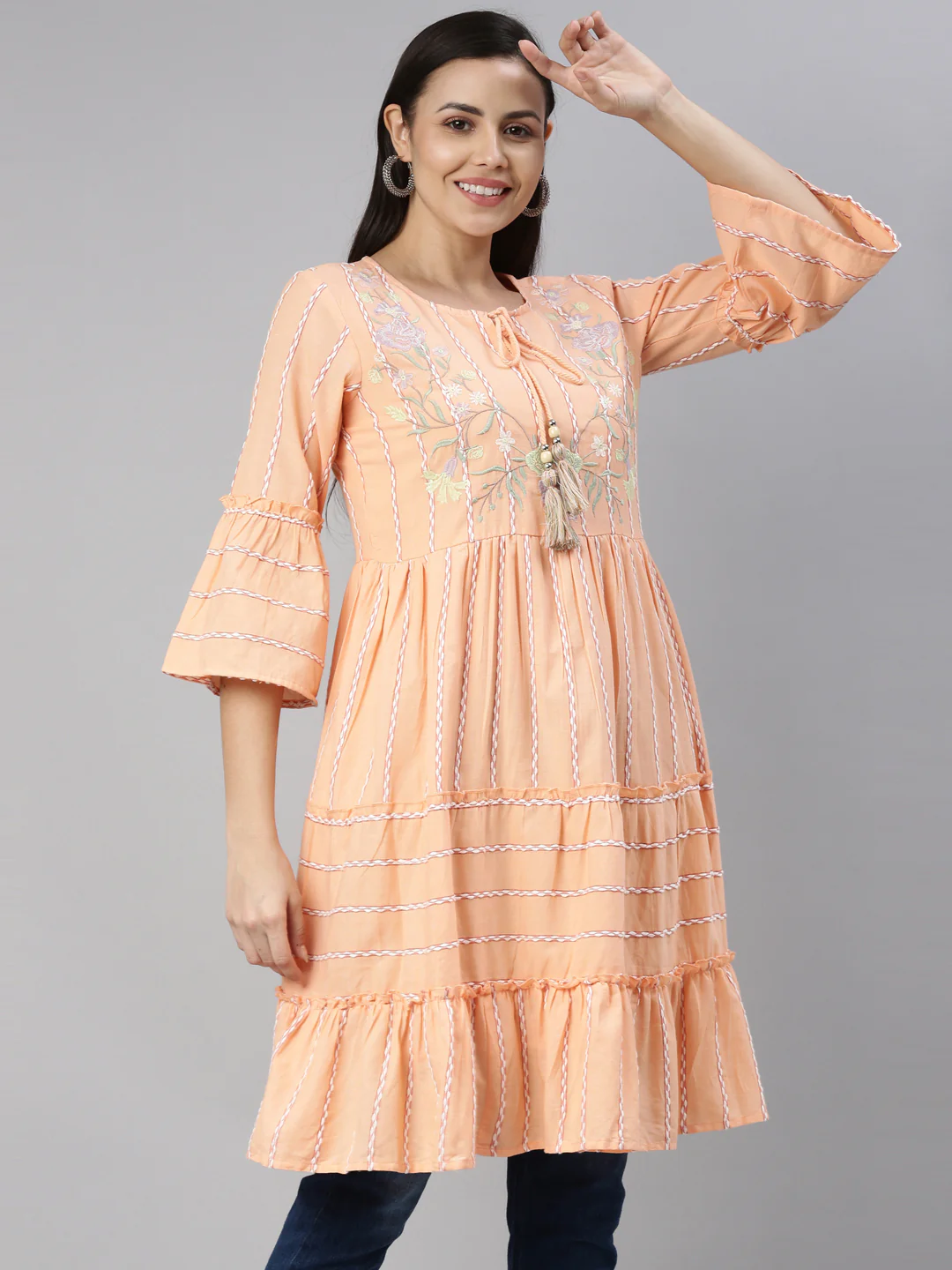 Neerus Coral Color Rayon Fabric Kurta - Image 4