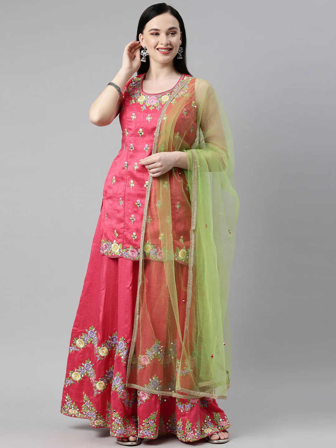 Neerus Coral Color Silk Fabric Kurta Set